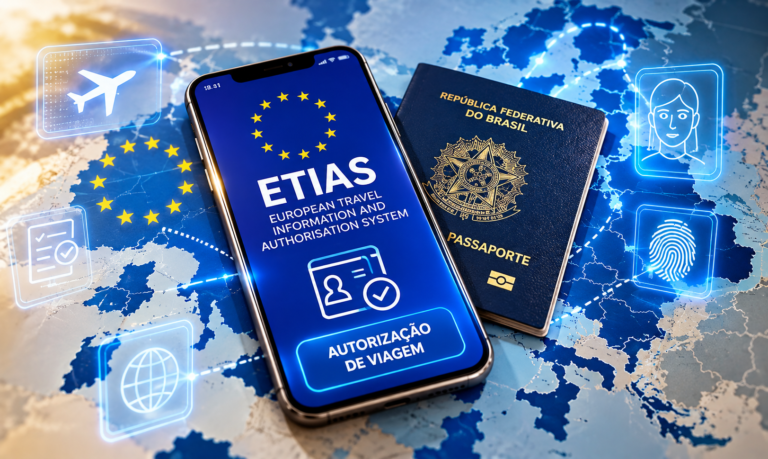 ETIAS para brasileiros: ilustração com passaporte brasileiro, celular com autorização ETIAS e mapa da Europa.