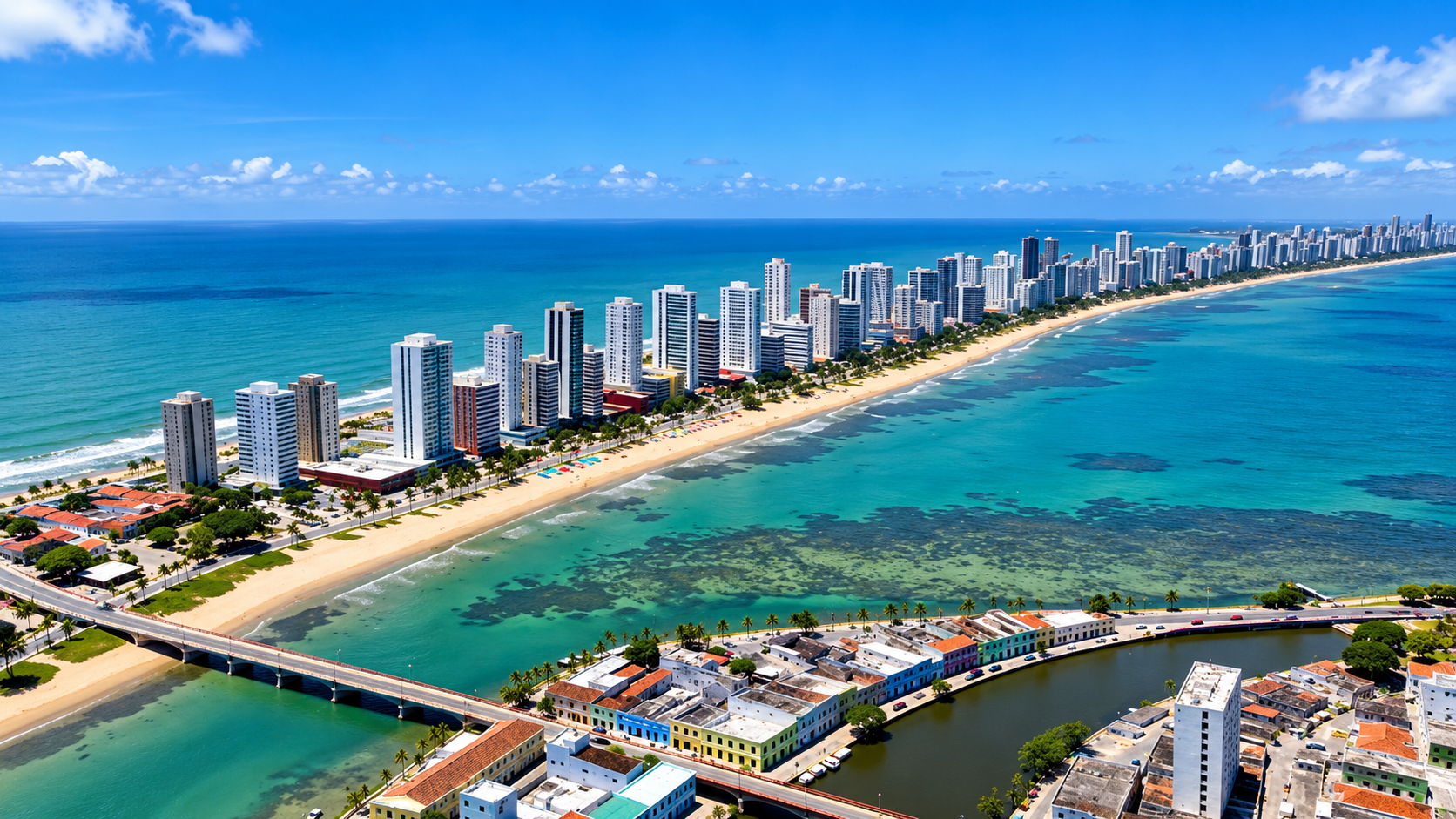 Vista aérea ilustrativa do Recife, cidade-sede do 41º Congresso Nacional da Abrajet, com destaque para a orla e o mar.